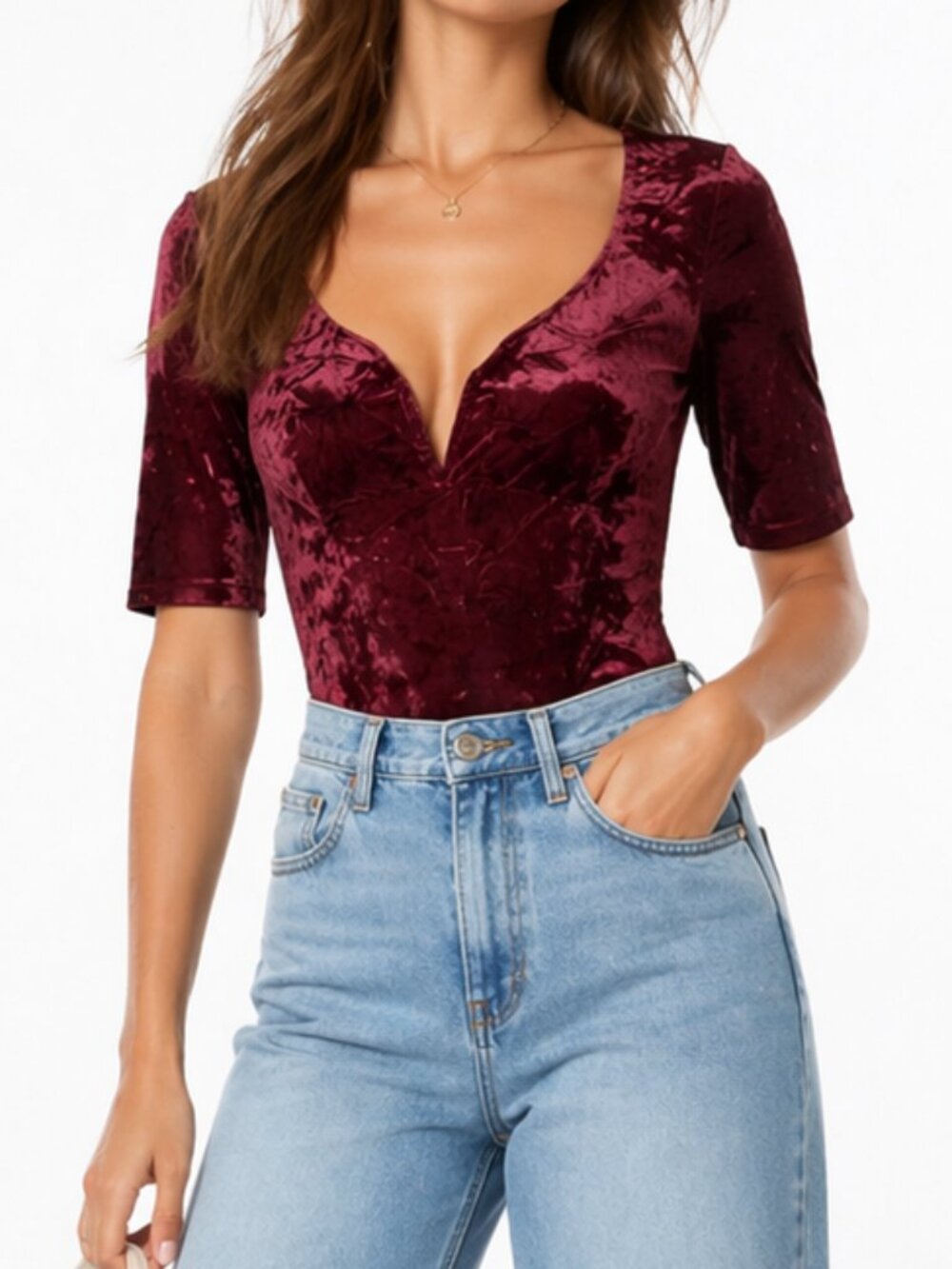 & AND OTHER STORIES NEW Velvet Jacquard Bodysuit SS Stretch V-Neck Women's 6